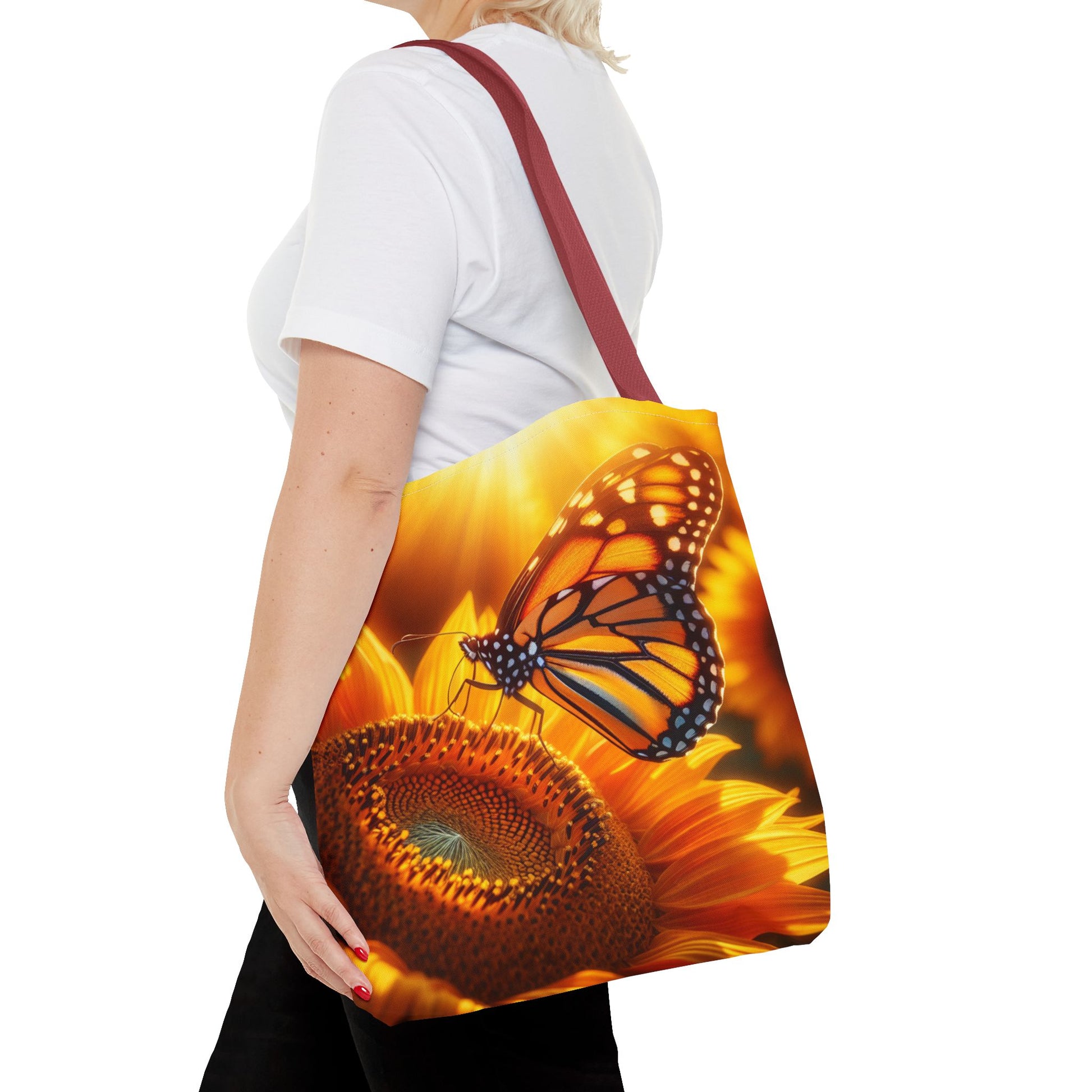 This Monarch Butterfly on Sunflower Tote Bag brings a touch of nature and beauty to your everyday outings. Perfect for nature lovers, garden enthusiasts, and those who appreciate vibrant colors. Ideal for picnics, farmer's market trips, and beach days.Pro