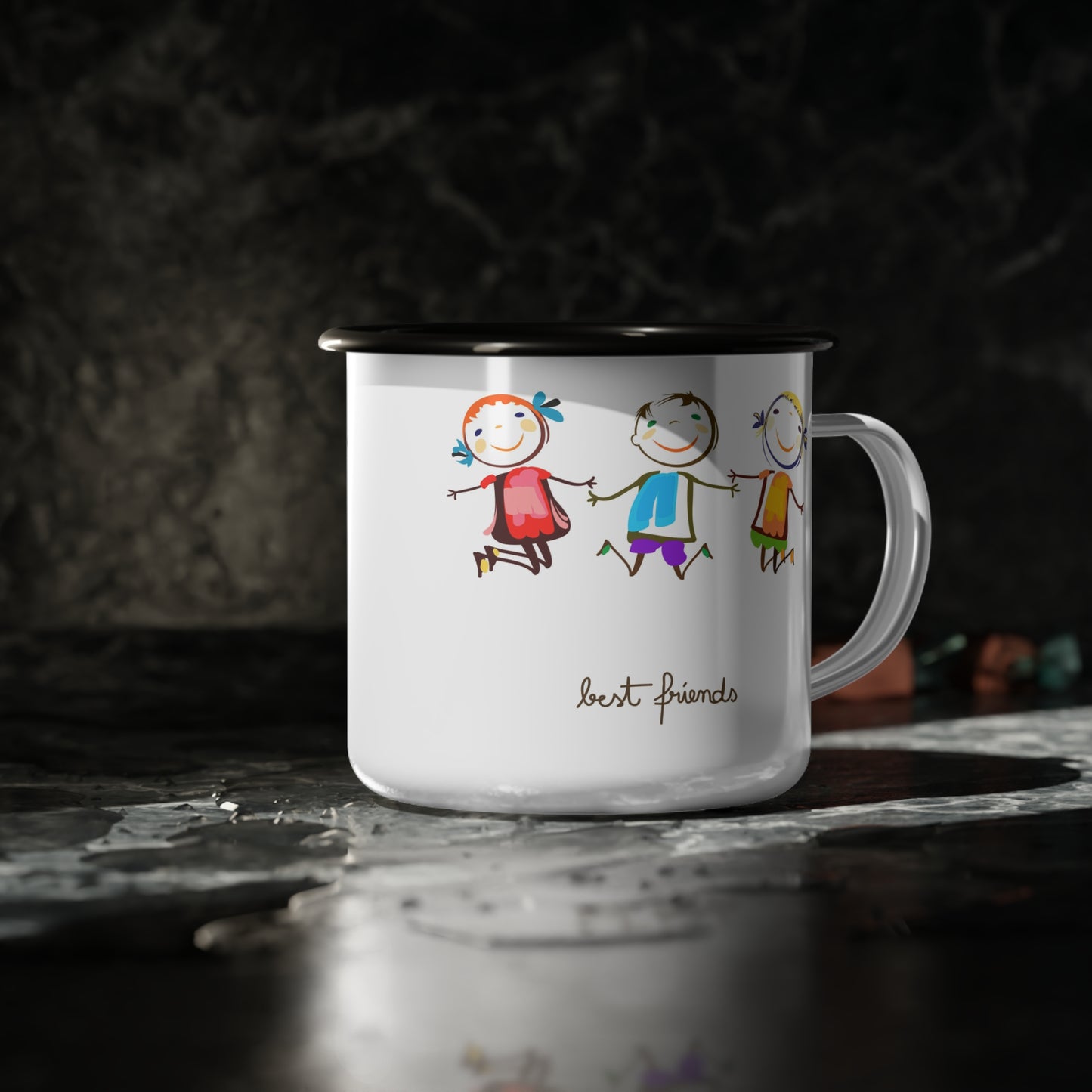 This vibrant and durable enamel mug features a colorful design of best friends holding hands and smiling. Perfect for sipping your favorite hot drink, this mug brings a happy and cheerful vibe to your daily routine. Ideal for those who appreciate cute and