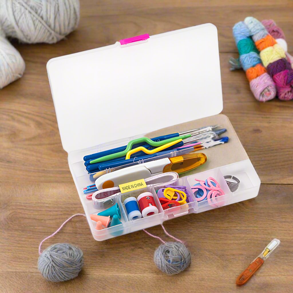 Experience a new skill set with this Crochet tool set, featuring needles, hooks, counting rings, and more! Perfect for bonding with your child and ideal for art projects for any boy or girl. Unleash your creativity and have fun! Storage box included! Deli