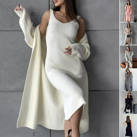 Women's 2 pc Knitted Slim Sleeveless Long Dress And Casual Loose Cardigan