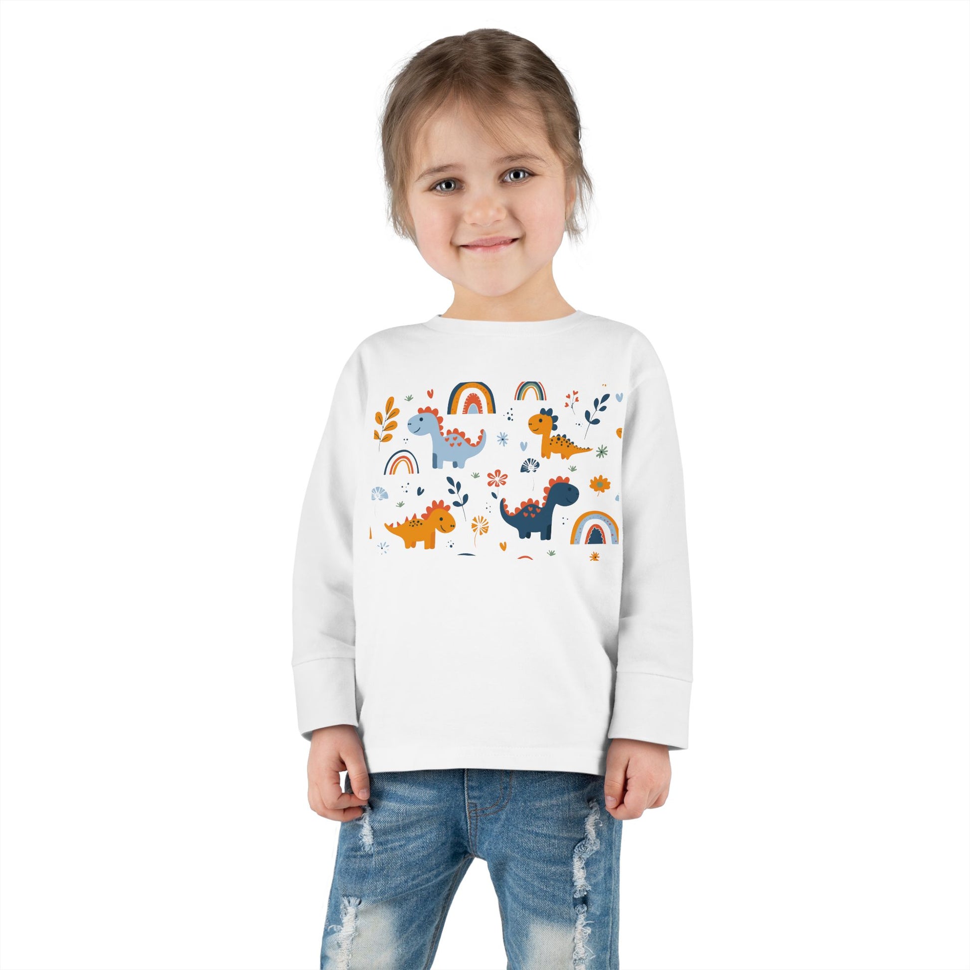 This adorable Dinosaurs, Flowers & Rainbows Toddler Tee is perfect for little ones who love vibrant and fun designs. Made with 100% combed, ring-spun cotton, this light fabric tee is comfortable and durable for all-day wear. With a toddler unisex fit, rib