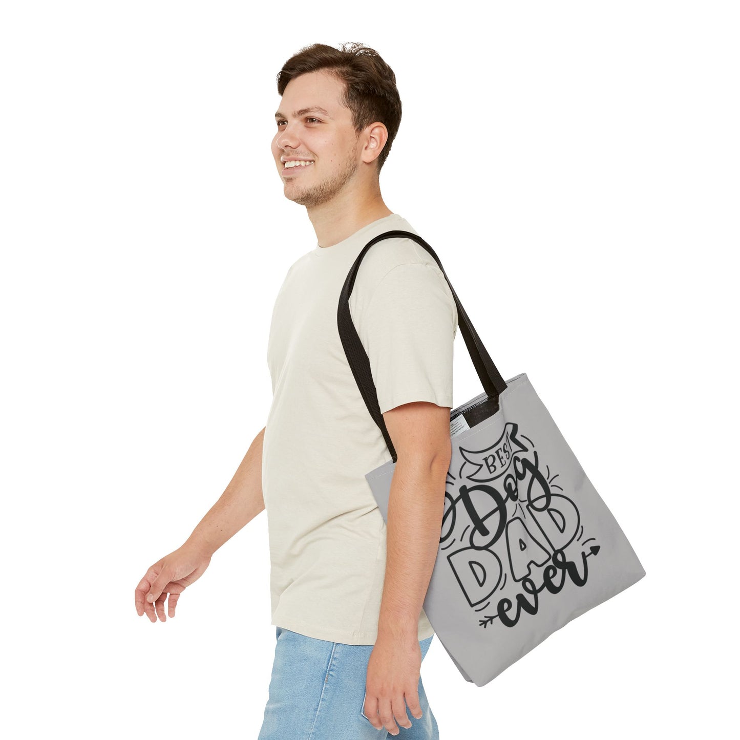 Canvas Tote Bag with 'Best Dog Dad Ever' on front & 'Dog Mom Fur Life' on back, perfect for dog-loving couples. Gives off a cozy and inclusive vibe, suitable for dog parents celebrating special occasions or everyday use.Product features- 100% Polyester bo