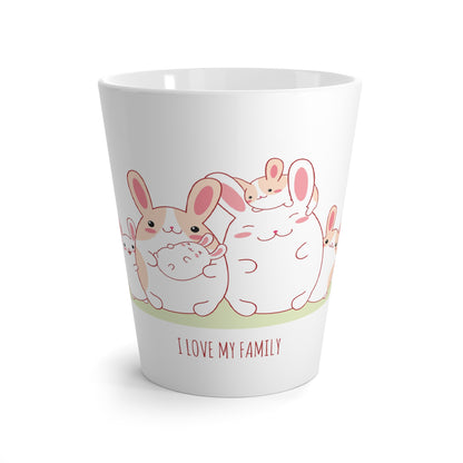 This custom latte mug features a design of a happy Bunny Family, adding a touch of whimsy and sophistication to your morning coffee routine. It is perfect for bunny lovers who enjoy a stylish and playful vibe in their daily life. Great for bunny owners or