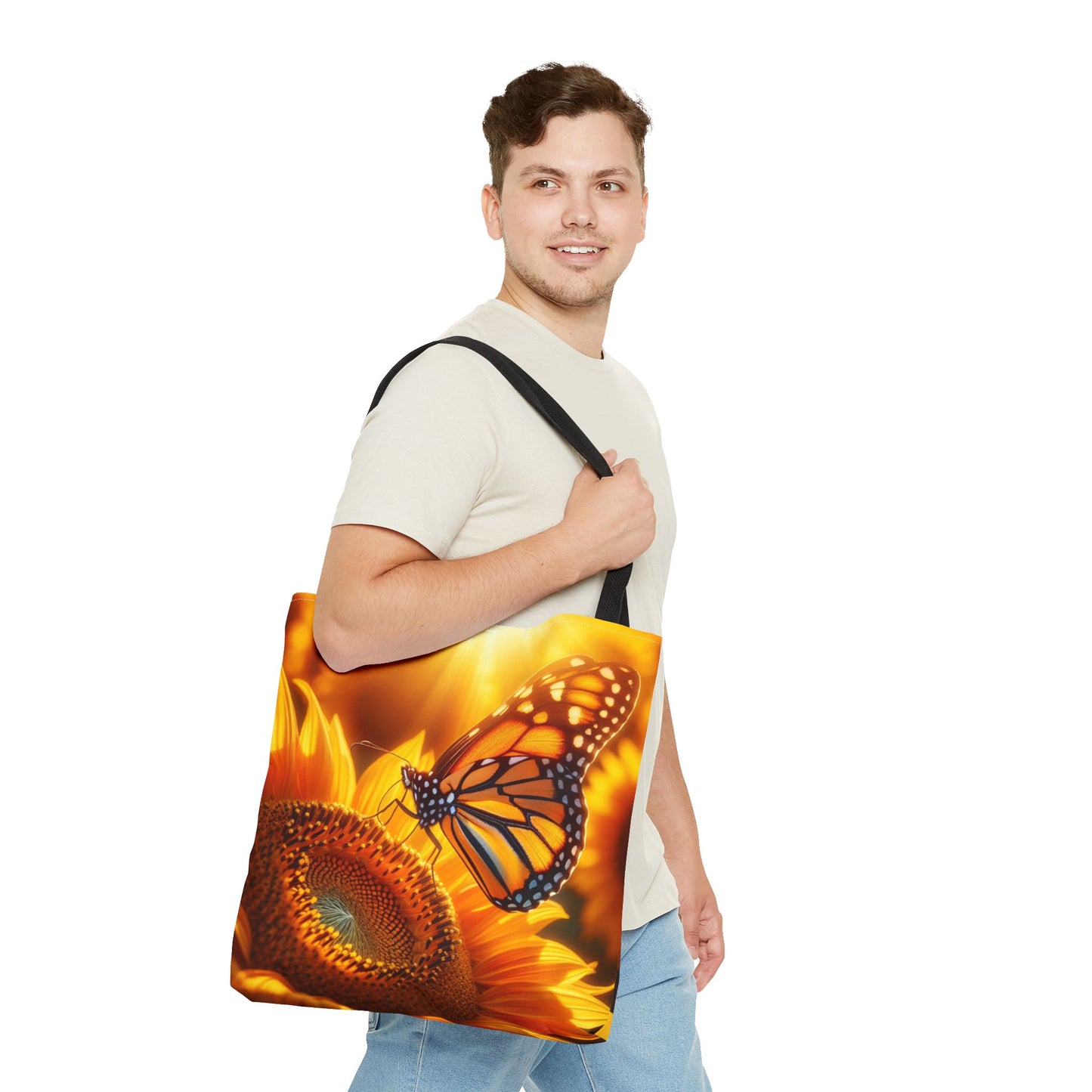 This Monarch Butterfly on Sunflower Tote Bag brings a touch of nature and beauty to your everyday outings. Perfect for nature lovers, garden enthusiasts, and those who appreciate vibrant colors. Ideal for picnics, farmer's market trips, and beach days.Pro