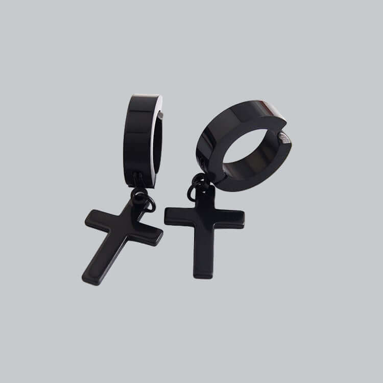 Stylish Titanium Steel Cross Earrings featuring a sleek black finish and polished design.