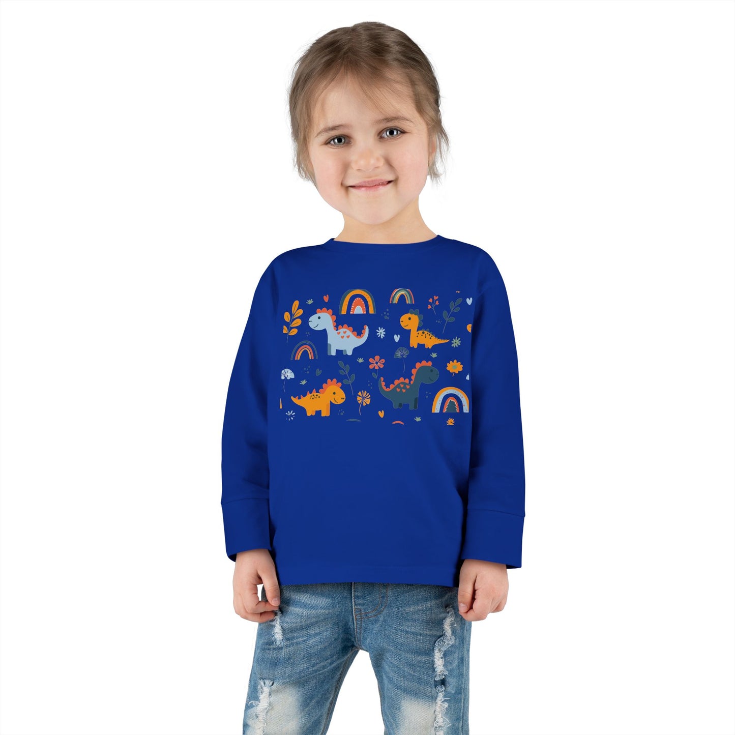 This adorable Dinosaurs, Flowers & Rainbows Toddler Tee is perfect for little ones who love vibrant and fun designs. Made with 100% combed, ring-spun cotton, this light fabric tee is comfortable and durable for all-day wear. With a toddler unisex fit, rib