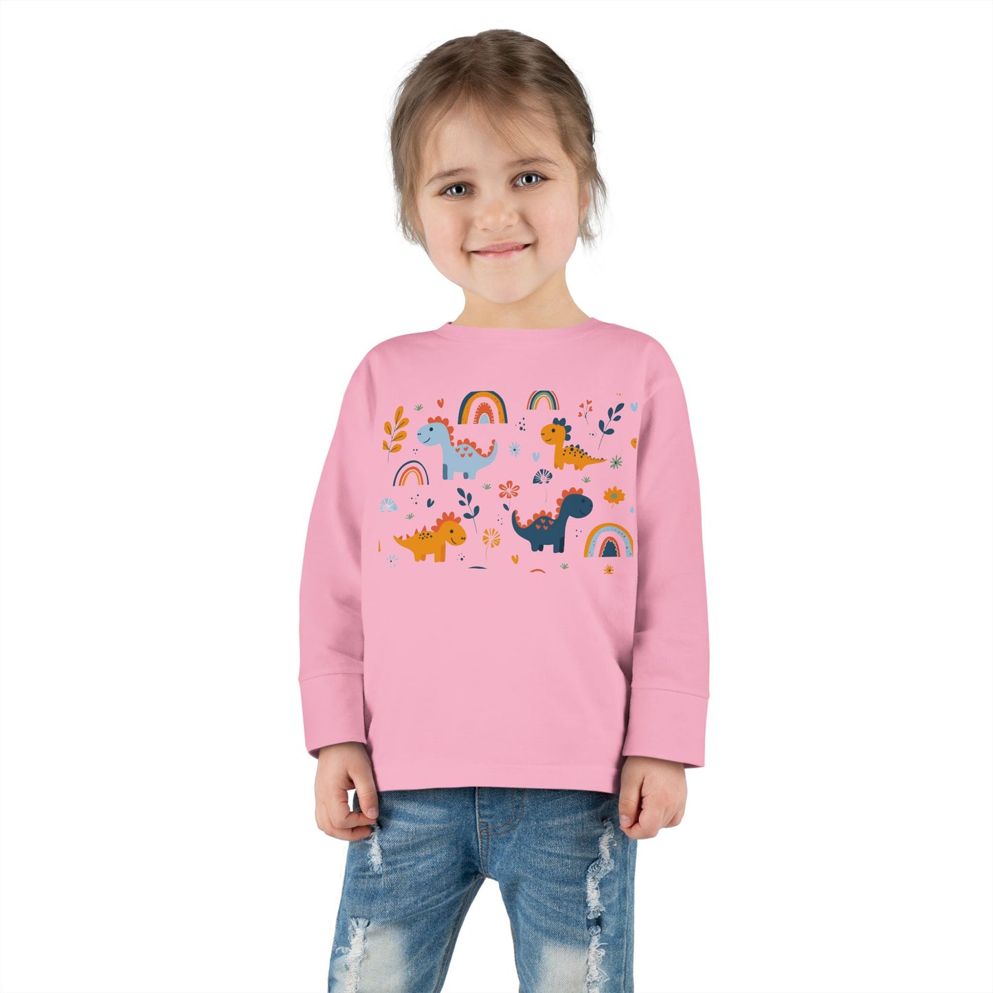 This adorable Dinosaurs, Flowers & Rainbows Toddler Tee is perfect for little ones who love vibrant and fun designs. Made with 100% combed, ring-spun cotton, this light fabric tee is comfortable and durable for all-day wear. With a toddler unisex fit, rib