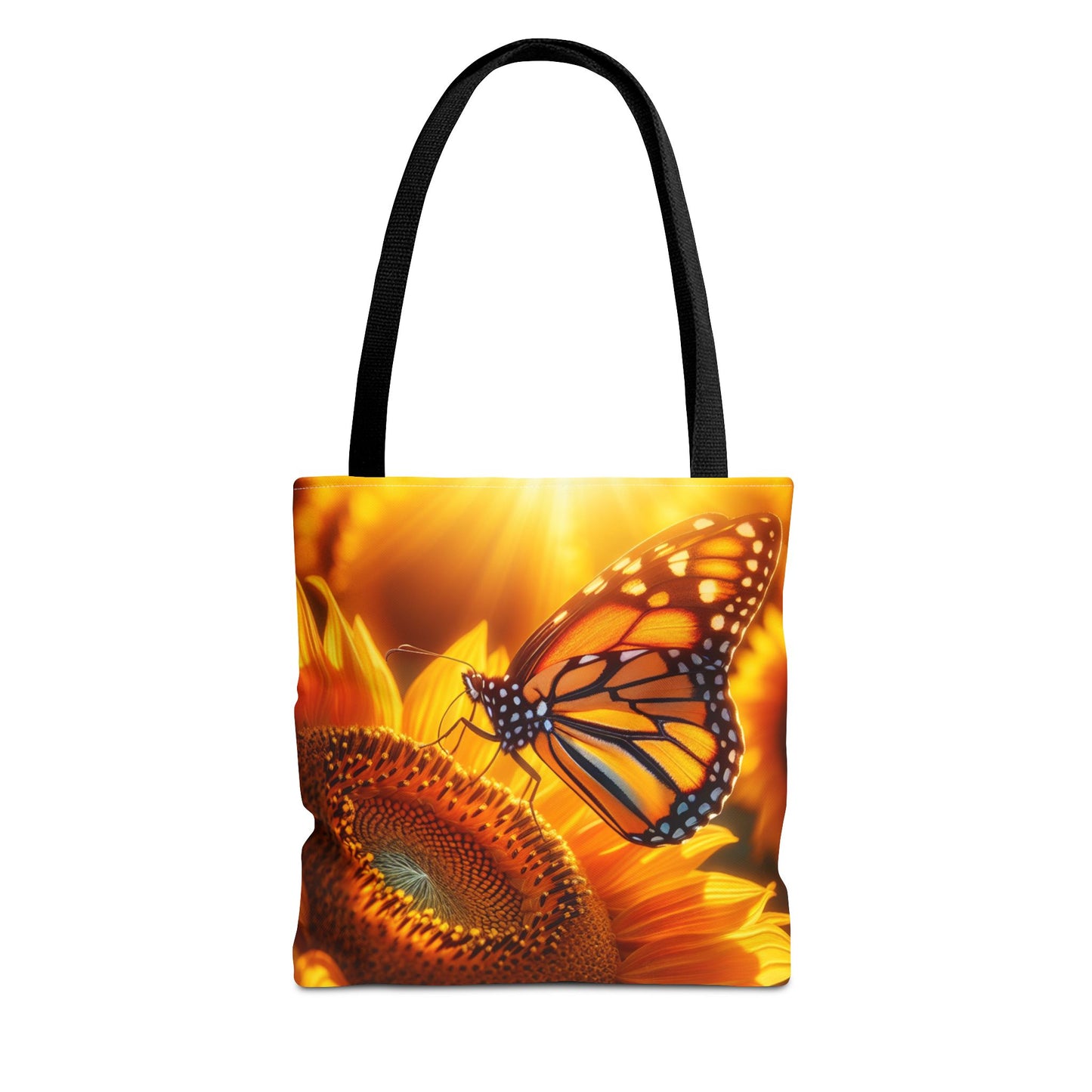 This Monarch Butterfly on Sunflower Tote Bag brings a touch of nature and beauty to your everyday outings. Perfect for nature lovers, garden enthusiasts, and those who appreciate vibrant colors. Ideal for picnics, farmer's market trips, and beach days.Pro