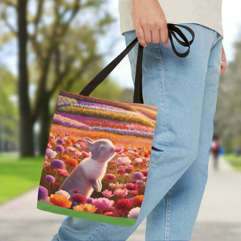 This Tote Bag features a cute design of a bunny smelling a flower in a field of flowers, giving off a whimsical and nature-loving vibe. Perfect for nature enthusiasts and animal lovers, this Tote Bag is great for everyday use for shopping, farmer's market