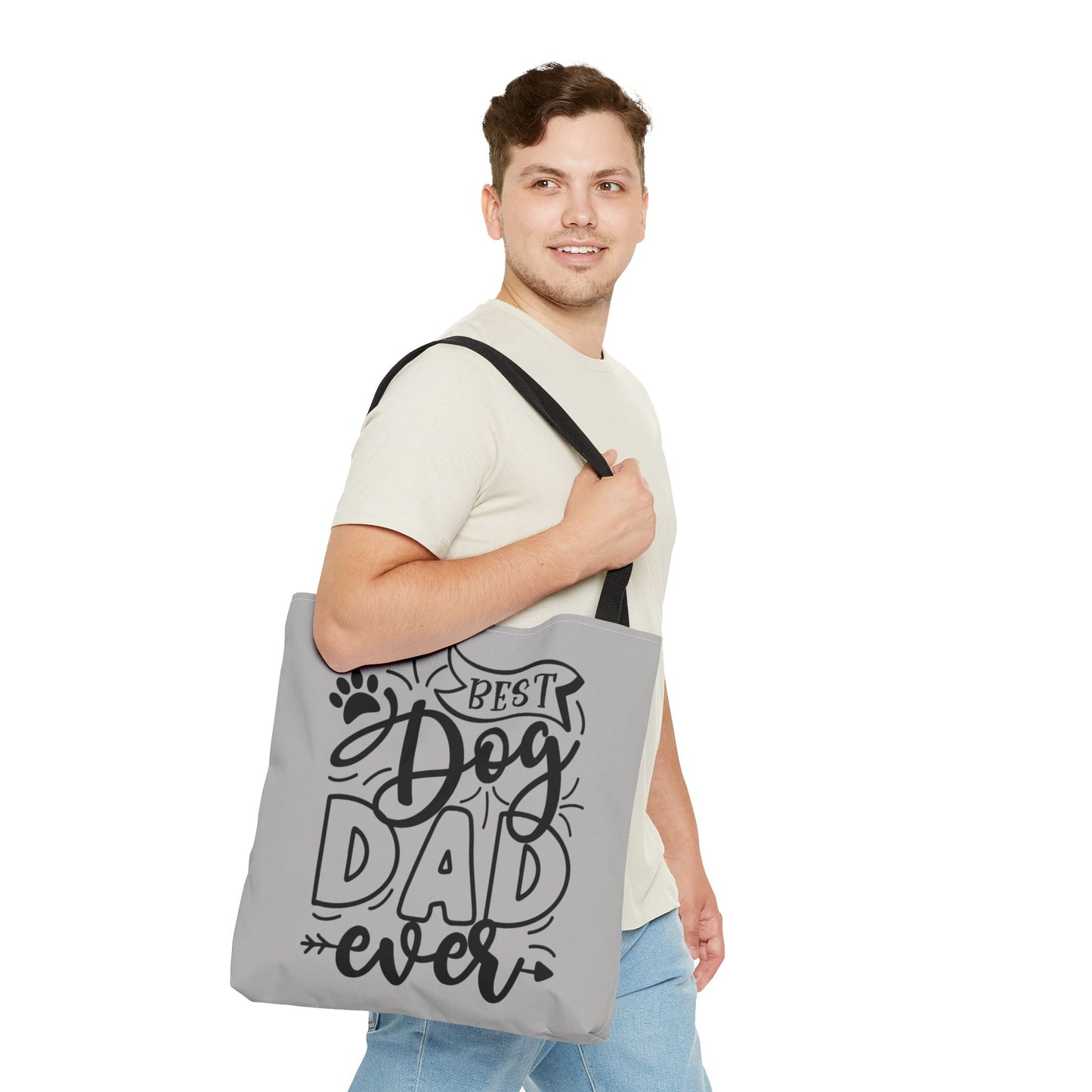 Canvas Tote Bag with 'Best Dog Dad Ever' on front & 'Dog Mom Fur Life' on back, perfect for dog-loving couples. Gives off a cozy and inclusive vibe, suitable for dog parents celebrating special occasions or everyday use.Product features- 100% Polyester bo