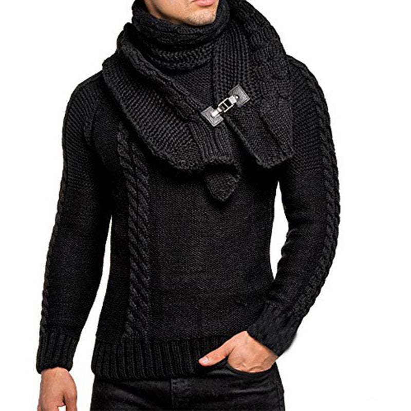 Person wearing a black knitted sweater and scarf with a unique clasp on a white background