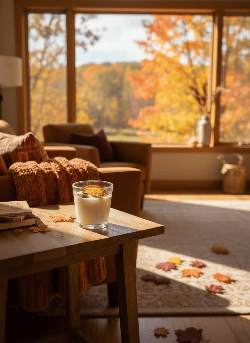 Mood Enhancing Glass Candles on a wooden table with autumn scenery in the background.