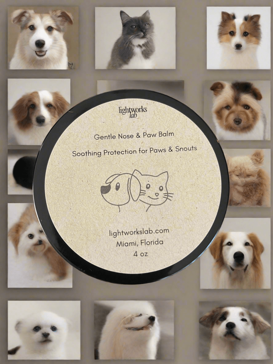 Gentle Nose & Paw Balm 4 oz. soothing protection for paws & snouts with pet images in background.