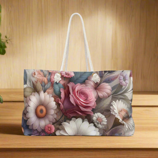 Larger than life Floral Beauties Weekender Bag exudes a charming and feminine vibe, perfect for weekend getaways or overnight trips. It is relevant for travelers, vacationers, and anyone who loves floral designs. Ideal for holidays, weekends, short trips,