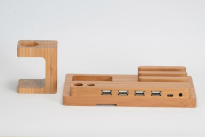 1. Made of Bamboo Wood 2. Versatile Wood Bamboo Cell Phone Tablet Stand 3. 4 USB Ports Available 4. Approximated Size: 185x110x 80mm 5. Multi-functional: Holder for iPhone 5 5s se/6 6s 7/ 6 6s 7 Plus, Charging Base for Apple Watch, Desk Stand for iPad min