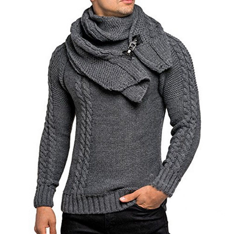 Person wearing a gray knitted sweater and scarf on a white background