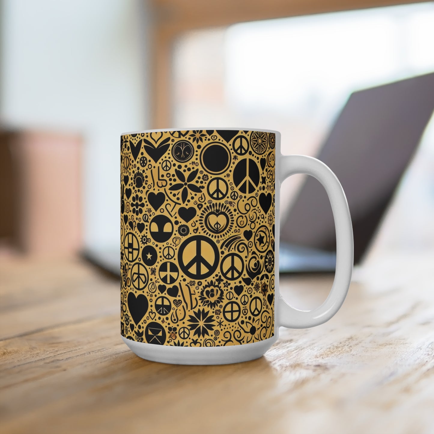 Peace Love & Happiness Retro 70's Vibe Mug 15 oz