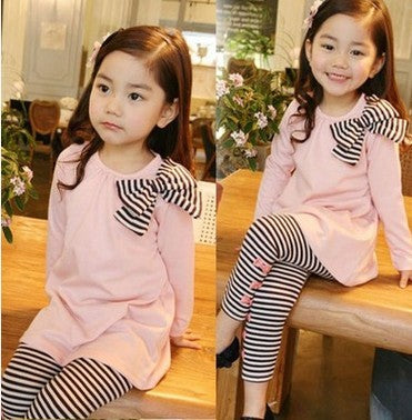 Little girls will look adorable in this pink long sleeve top with adorable contrasting black & white striped bow & leggings, perfect for parties, movies, lunches, dinner with parents, This 2 pc set is the perfect addition to your little girls' wardrobes.