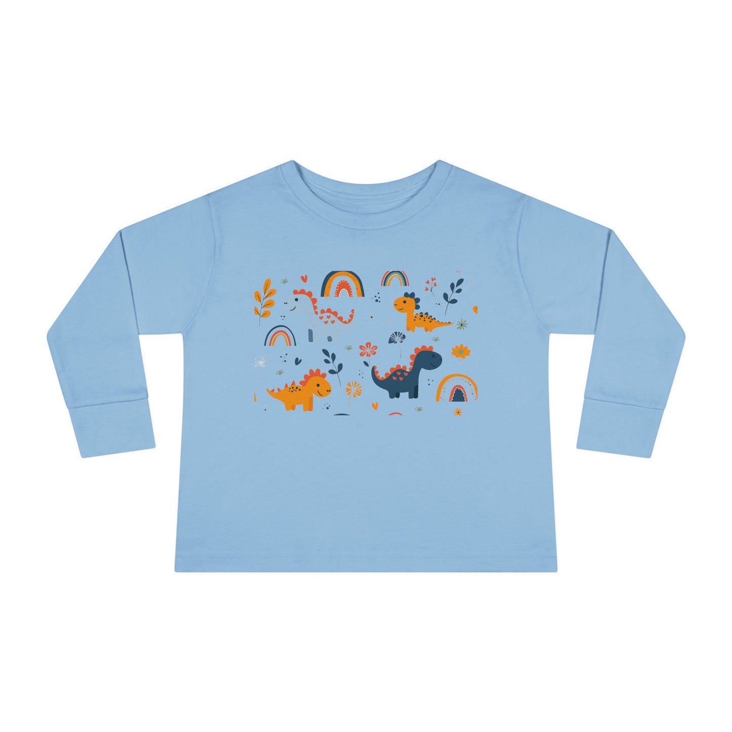 This adorable Dinosaurs, Flowers & Rainbows Toddler Tee is perfect for little ones who love vibrant and fun designs. Made with 100% combed, ring-spun cotton, this light fabric tee is comfortable and durable for all-day wear. With a toddler unisex fit, rib