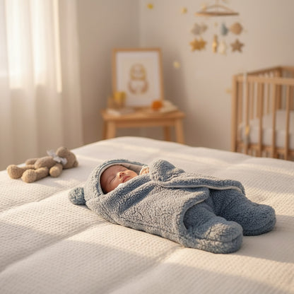 Baby wrapped in a blue fluffy swaddle with a teddy bear on a white background