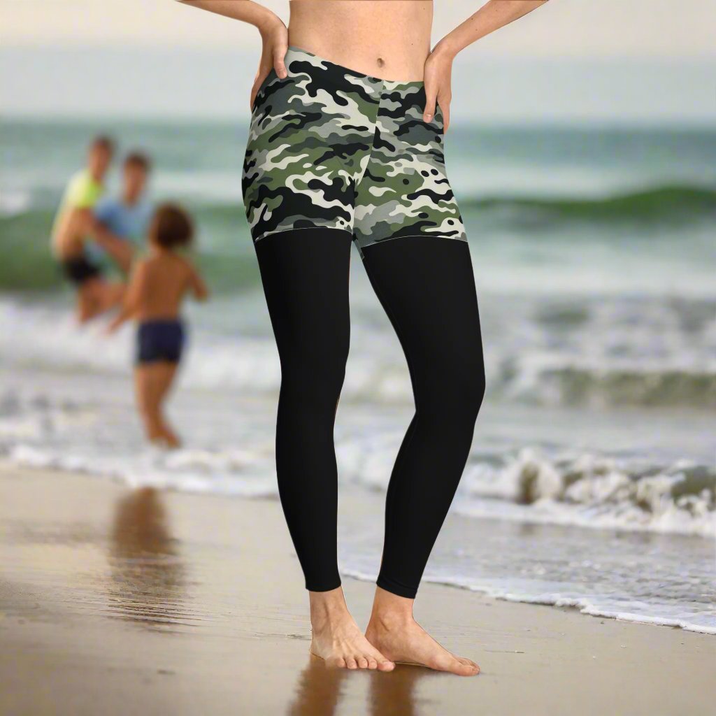 Stay comfy and stylish in these ankle-length leggings featuring a trendy camo print shorts design. The thin elastic waistband gives them a casual look, perfect for everyday wear. Made with a durable blend of 88% polyester and 12% elastane, these leggings