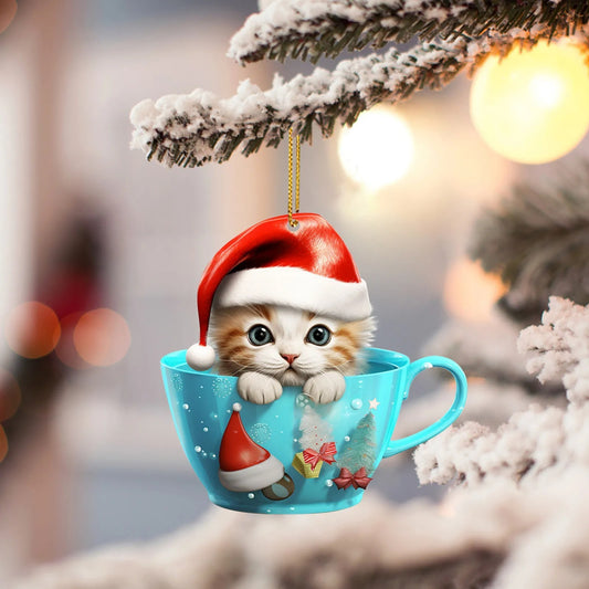 Stylish feline friends donning Santa hats, nestled in charming Christmas tea cups of rich blue or vibrant red. Featuring designs of Saint Nick's signature hat, delicate snowflakes, snowy landscapes, and beautiful poinsettias. Perfect for adorning your tre