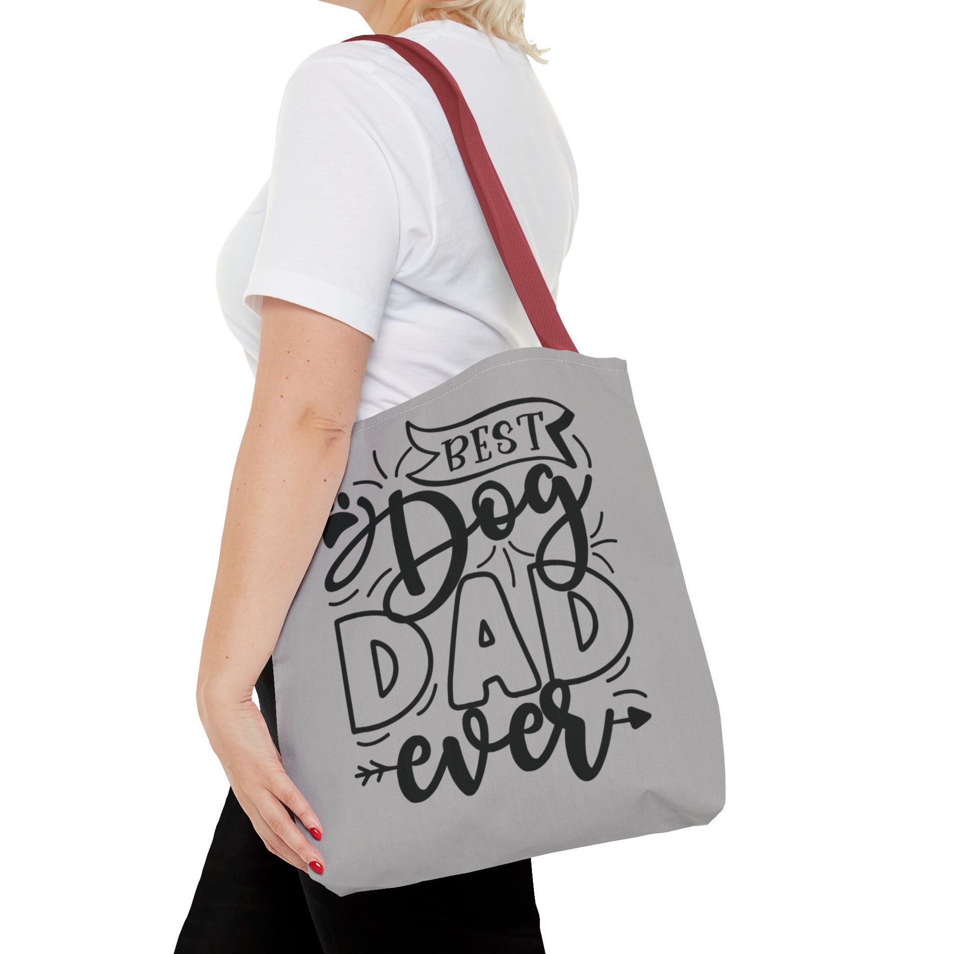 Canvas Tote Bag with 'Best Dog Dad Ever' on front & 'Dog Mom Fur Life' on back, perfect for dog-loving couples. Gives off a cozy and inclusive vibe, suitable for dog parents celebrating special occasions or everyday use.Product features- 100% Polyester bo