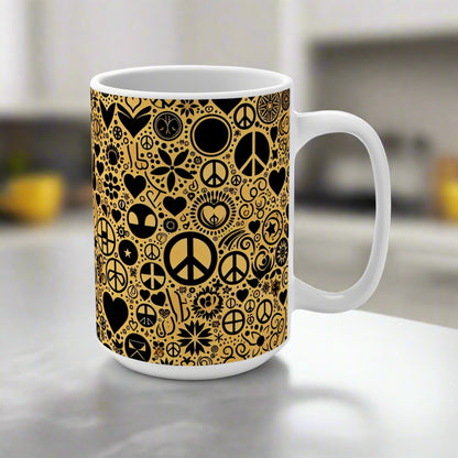 Peace Love & Happiness Retro 70's Vibe Mug 15 oz