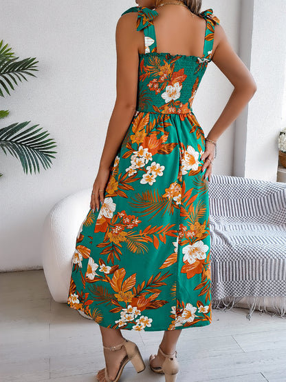 Women's Flowers Print Midi Summer Ruched Dress