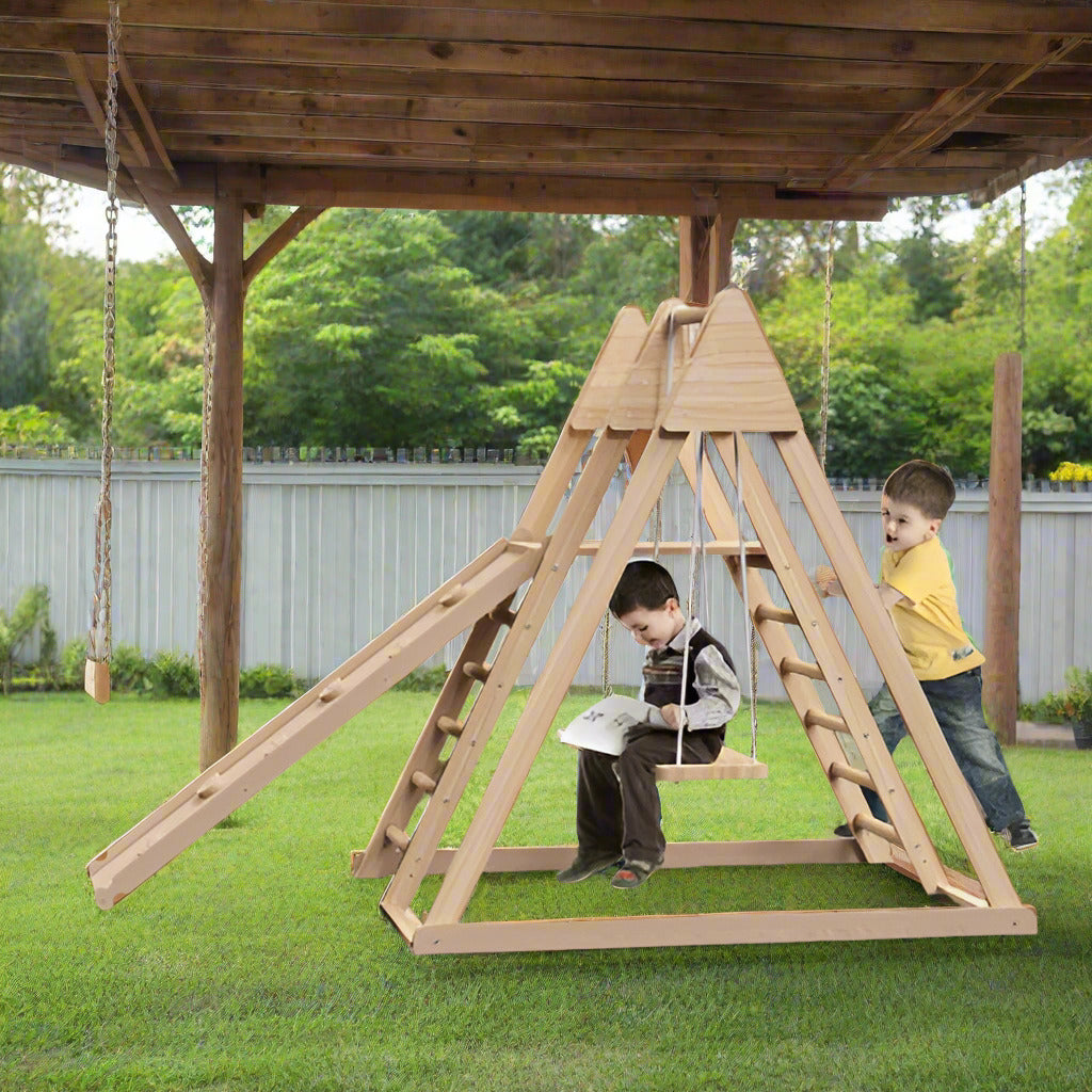 The Juniper playset, crafted from premium New Zealand Pine, offers a slide, rock wall & swings. Safe, durable, compact—perfect for endless indoor fun!
