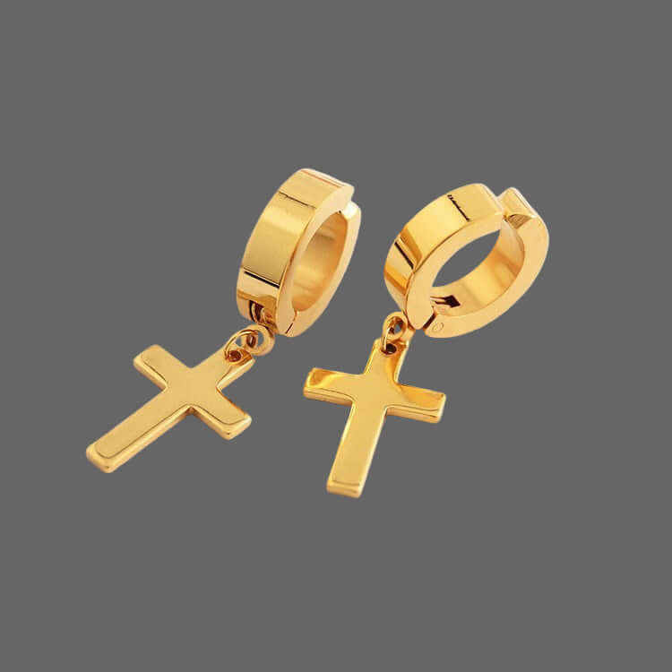 Titanium Steel Cross Earrings featuring a sleek gold cross design with hoop attachment, perfect for stylish wear.