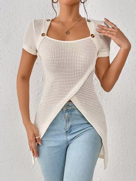 Women's Waffle & Button Trim Top