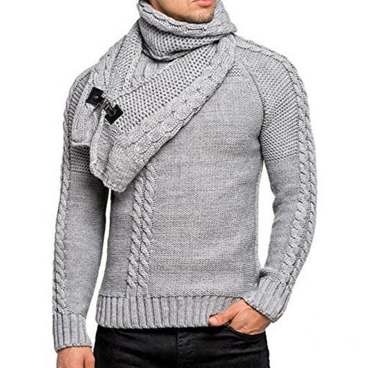 Gray knitted sweater with a large scarf worn by a person on a white background