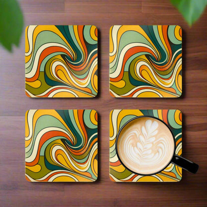 This 1970's Retro Vibe Coaster Set features orange, mustard yellow, green, white, and blue swirl design, adding a pop of color and style to your living space. Perfect for retro enthusiasts and those who love vintage decor, this coaster set is ideal for ad