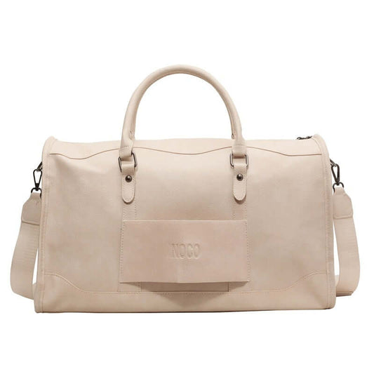 Women's large capacity travel handbag in beige, designed for short trips with waterproof material and roomy interior.