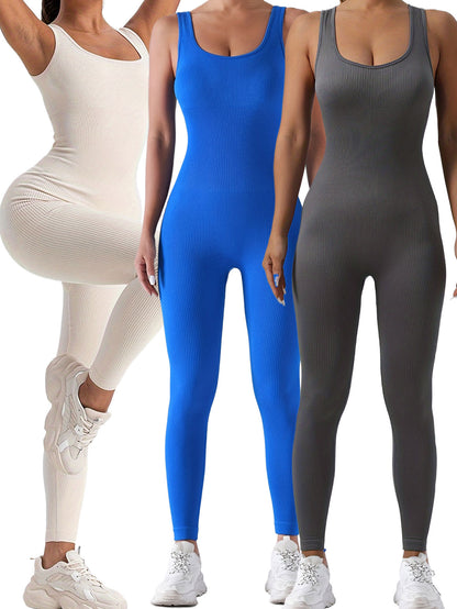 Women's 3 pk Ribbed Solid Color One-Piece Full Length  Activewear Jumpsuit