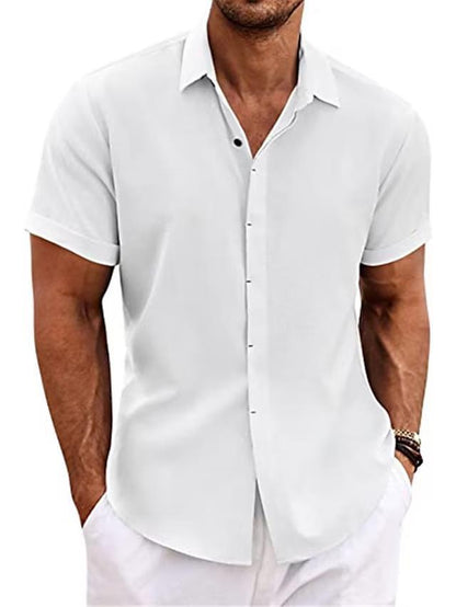 Men's linen short-sleeve t-shirt in green, relaxed fit with short sleeves and standing collar, perfect for warm weather.