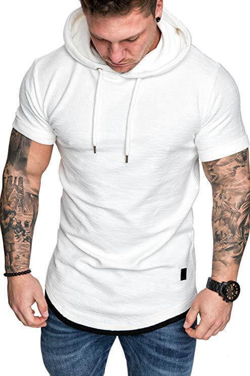 Men's Solid Color Hooded T-shirt in white, featuring short sleeves and a cozy hood for casual style.