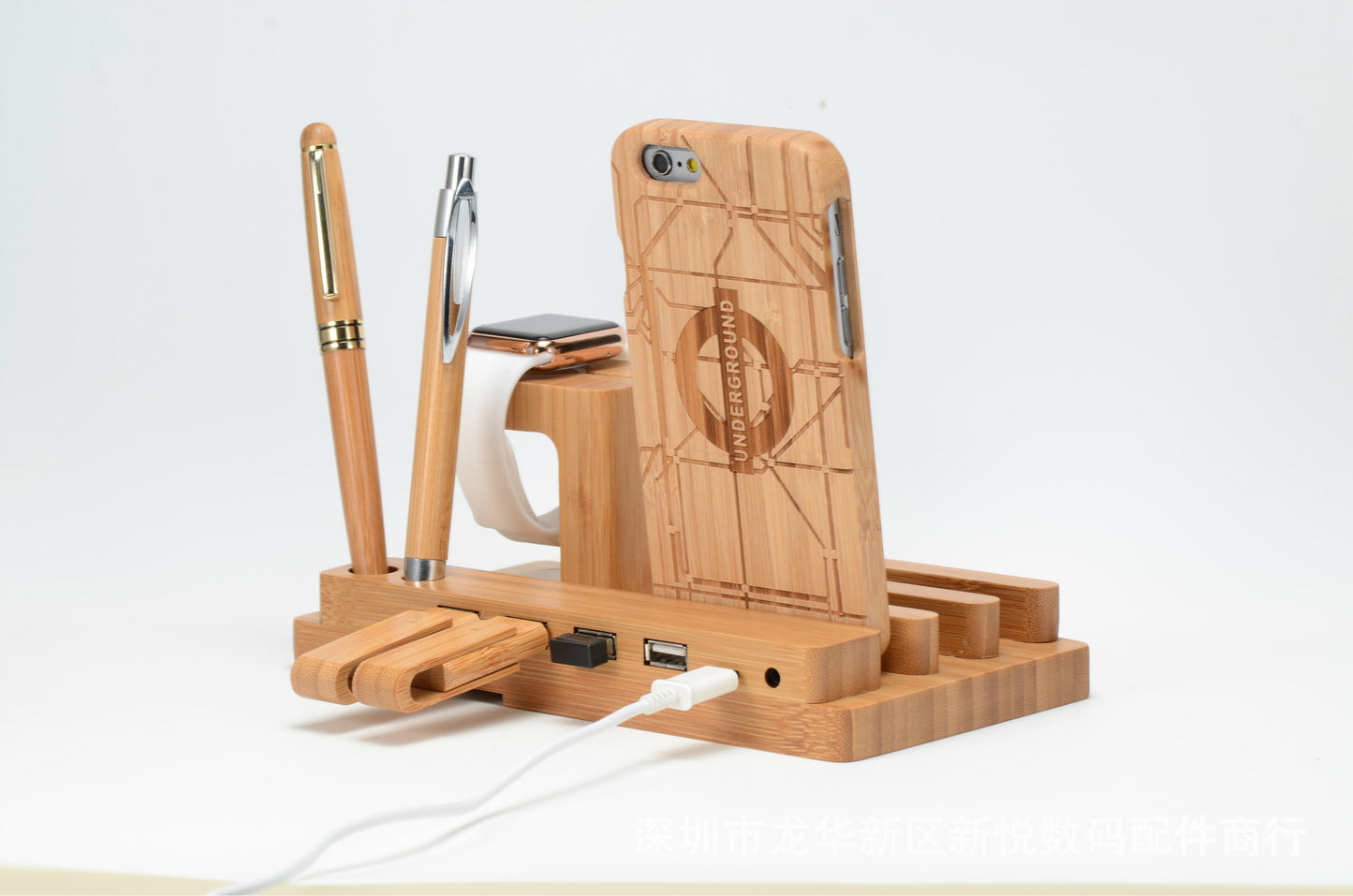 1. Made of Bamboo Wood 2. Versatile Wood Bamboo Cell Phone Tablet Stand 3. 4 USB Ports Available 4. Approximated Size: 185x110x 80mm 5. Multi-functional: Holder for iPhone 5 5s se/6 6s 7/ 6 6s 7 Plus, Charging Base for Apple Watch, Desk Stand for iPad min