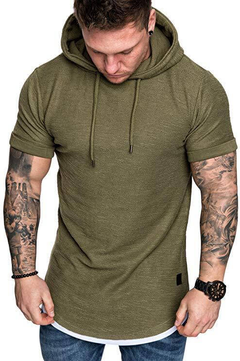 Men's Solid Color Hooded T-shirt in olive green, featuring short sleeves and a comfortable hood, perfect for casual wear.