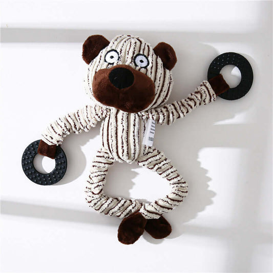 Squeaky Corduroy Chew Toys For Dogs featuring a plush bear design with rubber rings for interactive play.