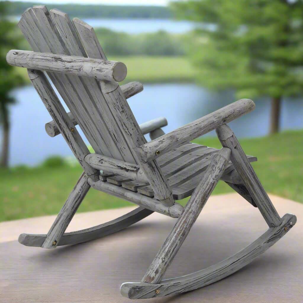 Wooden rocking chair with a weathered gray finish on a white background