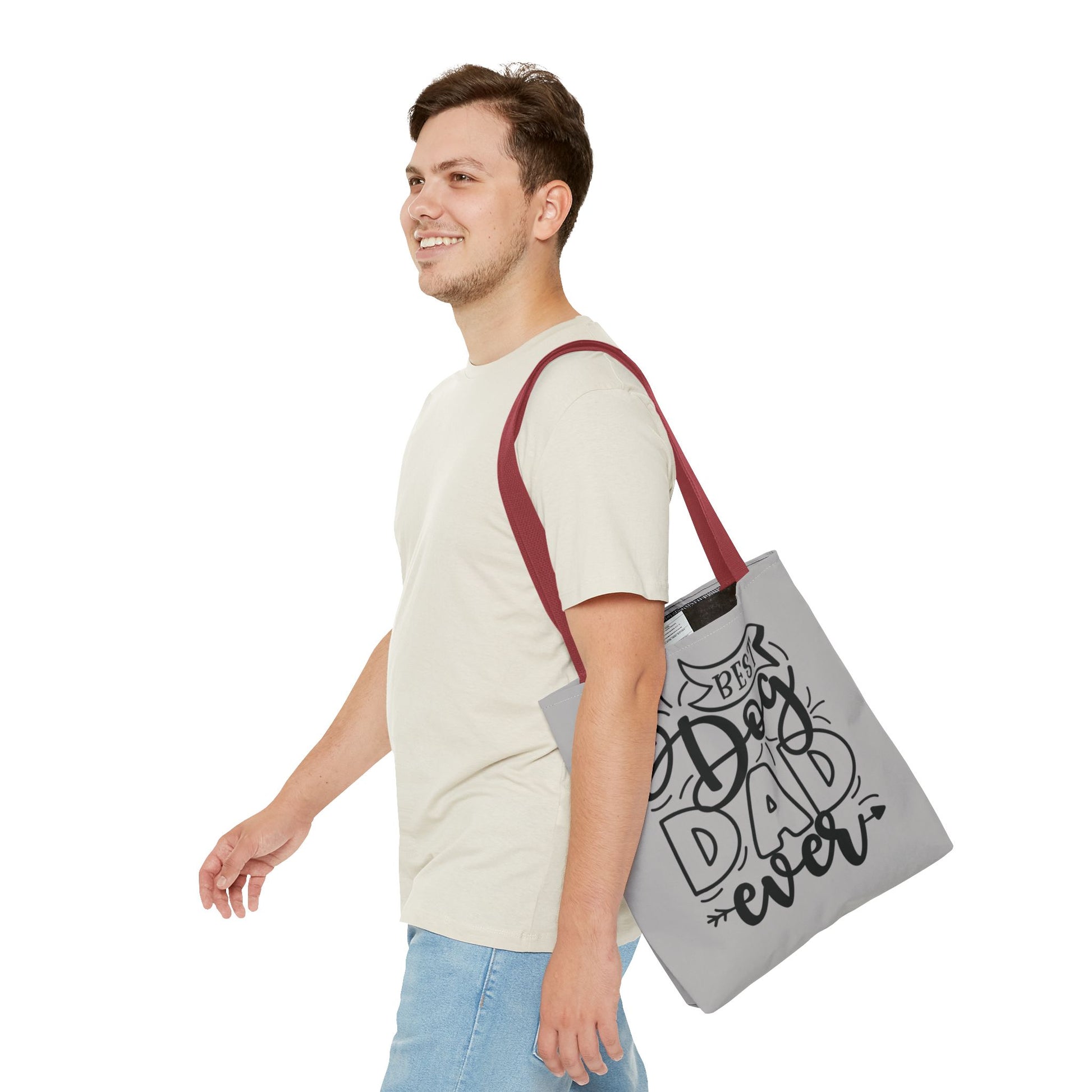 Canvas Tote Bag with 'Best Dog Dad Ever' on front & 'Dog Mom Fur Life' on back, perfect for dog-loving couples. Gives off a cozy and inclusive vibe, suitable for dog parents celebrating special occasions or everyday use.Product features- 100% Polyester bo