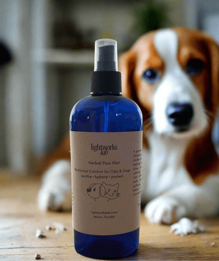 Herbal Paw Mist 8 oz. soothing botanical spray for pets, displayed beside a dog.