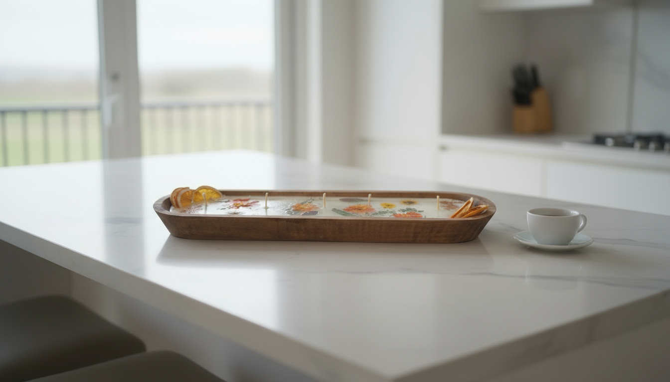 Wooden candle with fruit on a kitchen counter, blurred background