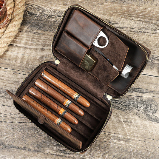 Indulge in the luxurious Handmade Leather Double Zipper Cigar Humidor, a perfect present for any occasion. This exclusive accessory will keep your cigars fresh, elevating your smoking experience to new heights.