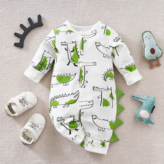 "Adorable baby onesie with playful alligator print. Soft, breathable cotton for boys & girls. Perfect for pajamas or playtime, indoors or outdoors!"