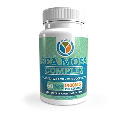 Yemayá Organic Sea Moss Capsules, Bladderwrack, Burdock Root Complex | Sea Moss Capsules Organic Formula With Bladderwrack & Burdock Root - Skin, Thyroid & Digestion Support - 60 Pcs