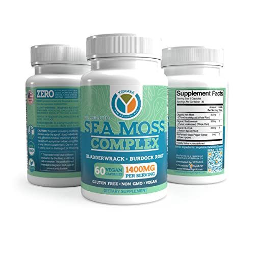 Yemayá Organic Sea Moss Capsules, Bladderwrack, Burdock Root Complex | Sea Moss Capsules Organic Formula With Bladderwrack & Burdock Root - Skin, Thyroid & Digestion Support - 60 Pcs