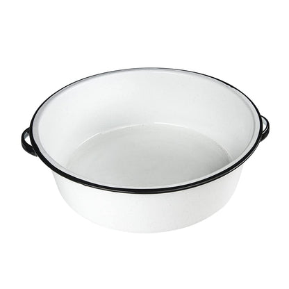 White enamel bucket with black handles on a white background